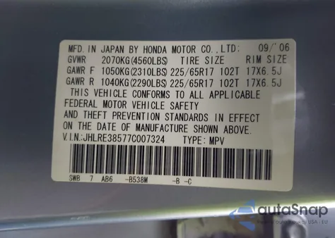 2007 Honda Cr-V Ex from USA, damaged, VIN JHLRE38577C007324